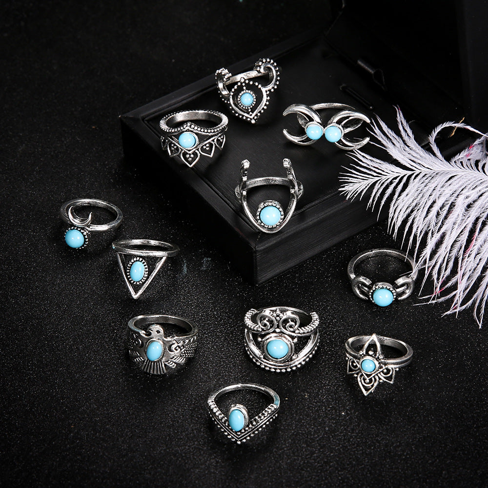 Exaggerated Turquoise Crescent Owl 11-Piece Alloy Set Ring