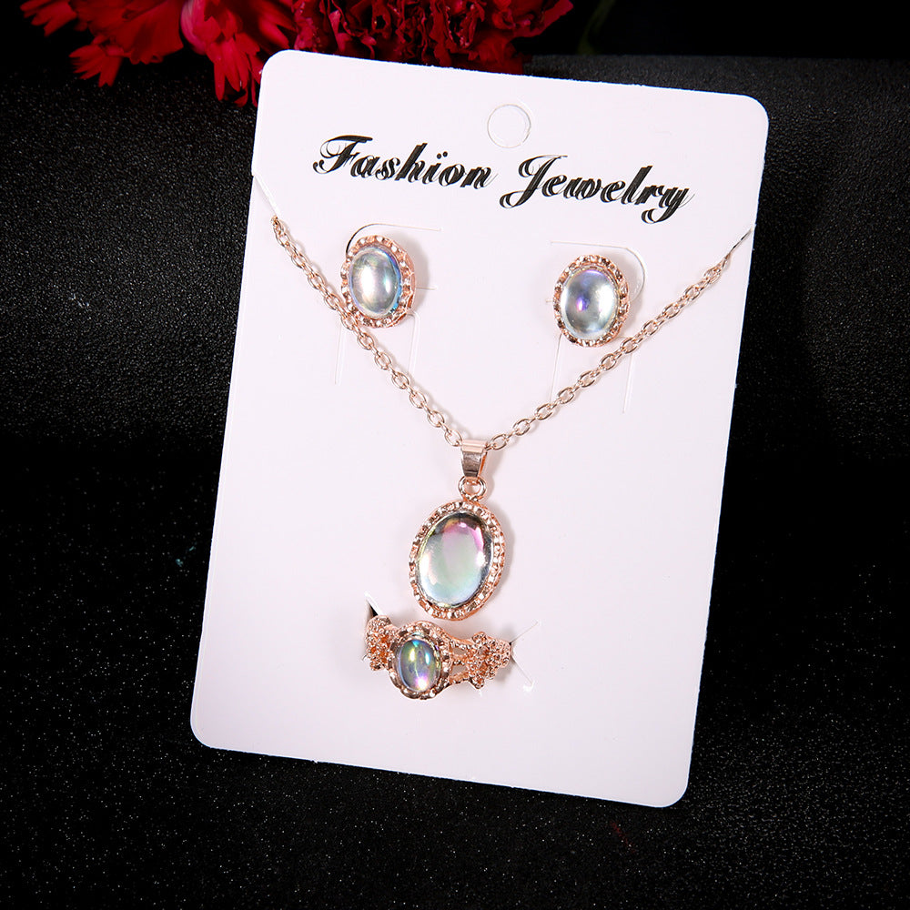 Dazzling Jewel Trend Jewelry Combination Set Necklace Earrings Ring Set