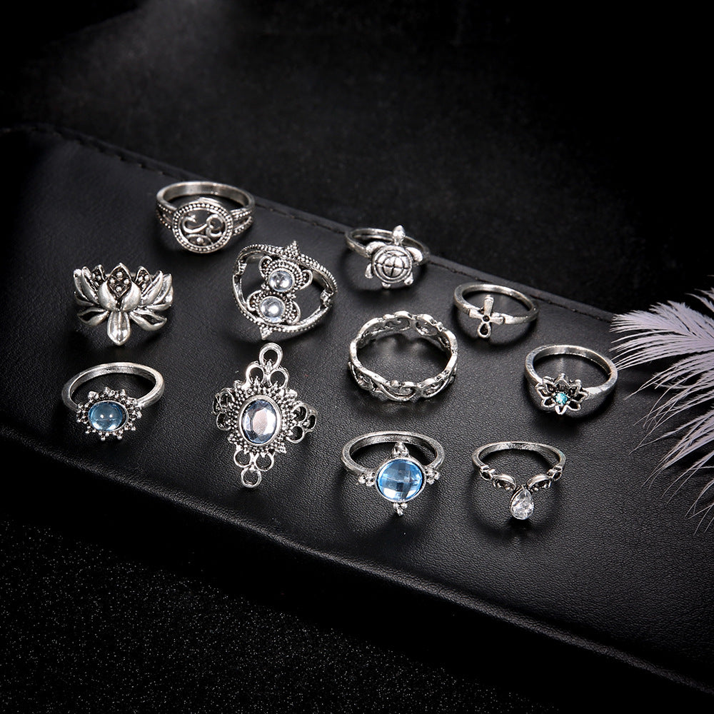 Dazzling Diamond Gem Ring Turtle Cross Lotus Combination 11-Piece Set