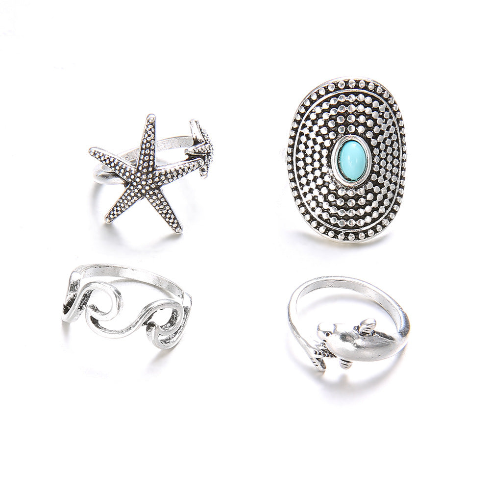 Bohemian Wind Starfish Wave Dolphin Turquoise 4-Piece Ring Set