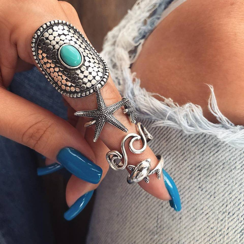 Bohemian Wind Starfish Wave Dolphin Turquoise 4-Piece Ring Set