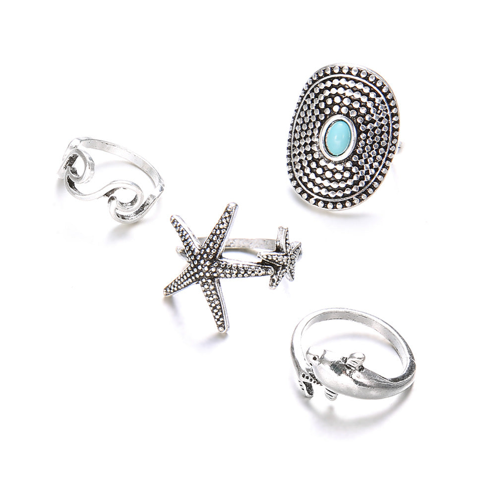 Bohemian Wind Starfish Wave Dolphin Turquoise 4-Piece Ring Set