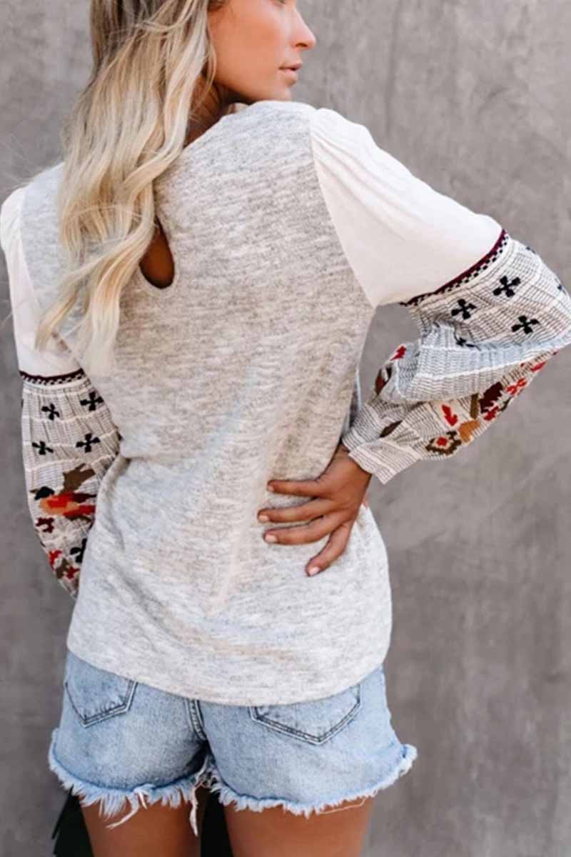 Round Neck And Long Sleeves Embroidery Contrast Color Tops