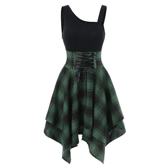 Plaid Lace Up Waist Irregular Dress