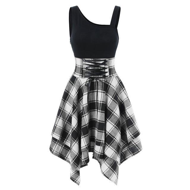 Plaid Lace Up Waist Irregular Dress