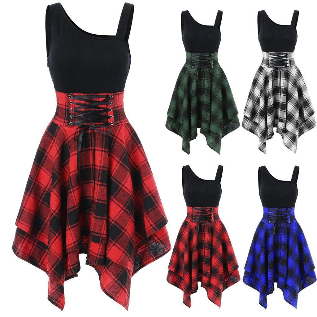 Plaid Lace Up Waist Irregular Dress