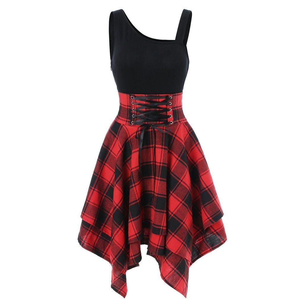 Plaid Lace Up Waist Irregular Dress