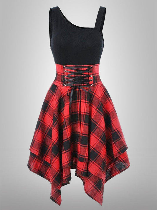 Plaid Lace Up Waist Irregular Dress