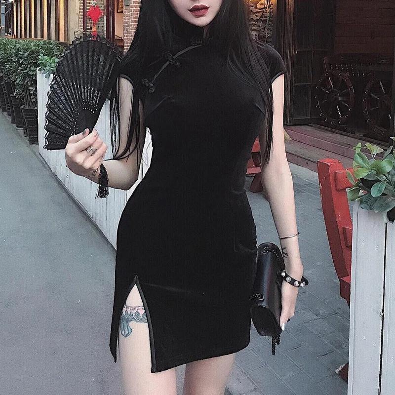 Velvet Cheongsam Style Bodycon Mini Dress