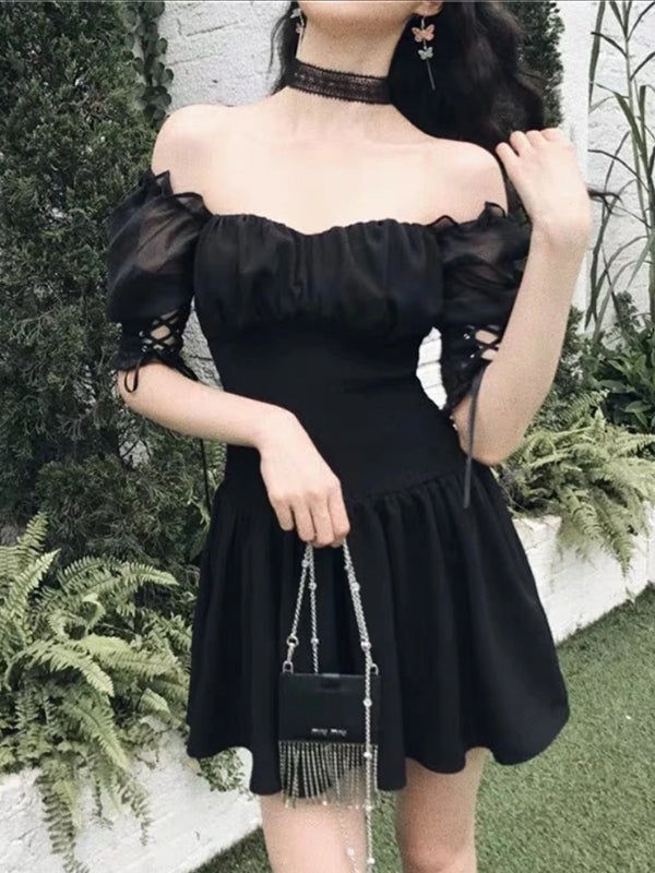 Off Shoulder Black Waisted Mini Dress