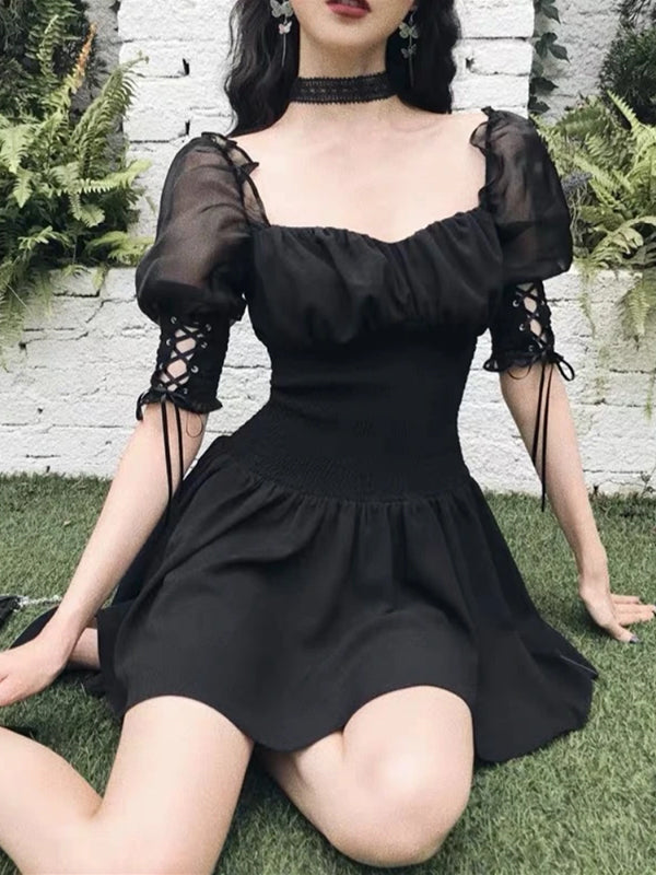 Off Shoulder Black Waisted Mini Dress