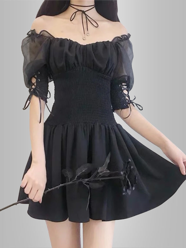 Off Shoulder Black Waisted Mini Dress