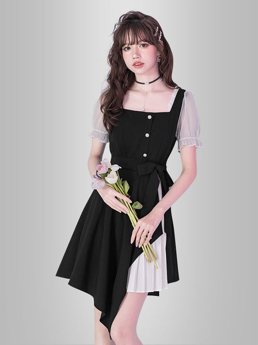 Puff Chiffon Sleeve Black White Dress