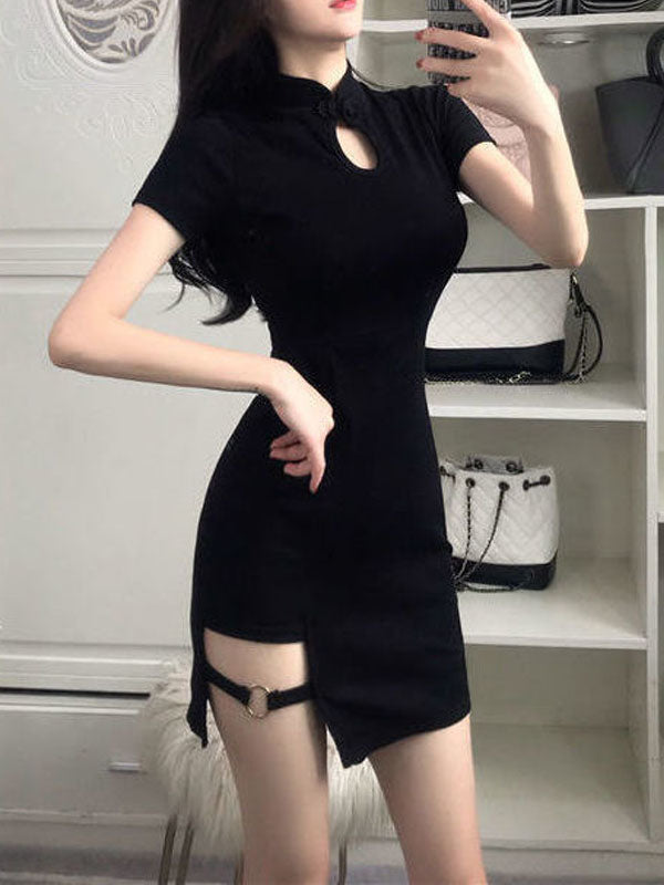 Hollow Out Front Belt Leg Split Side Dress