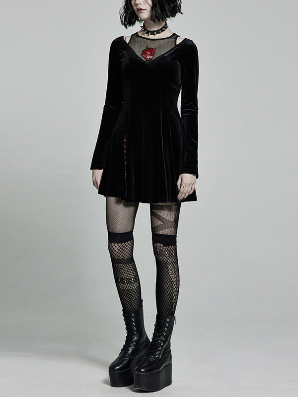 Punk Black Embroidery Velvet Dress