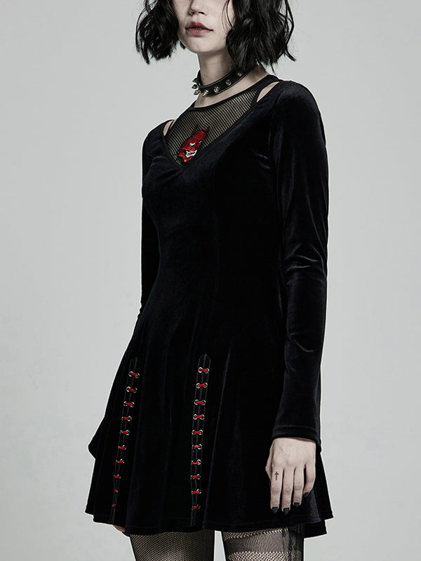 Punk Black Embroidery Velvet Dress