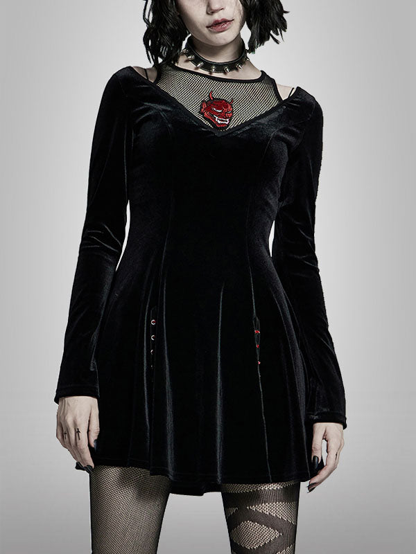 Punk Black Embroidery Velvet Dress