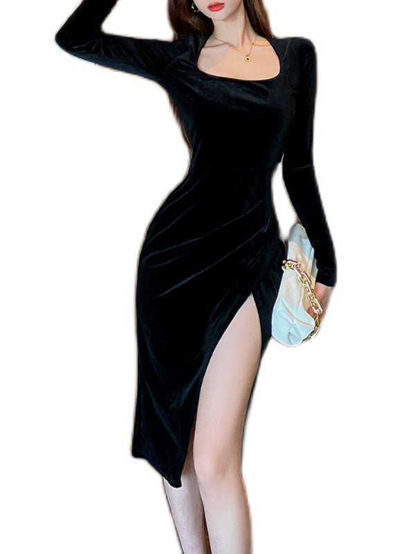 Slit Design Black Velvet Dress