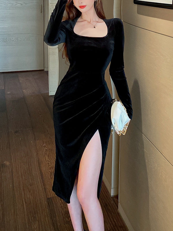 Slit Design Black Velvet Dress