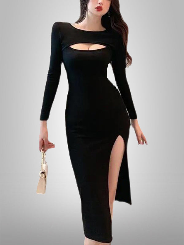 Hollow Out Front Long Sleeve Slit Dress