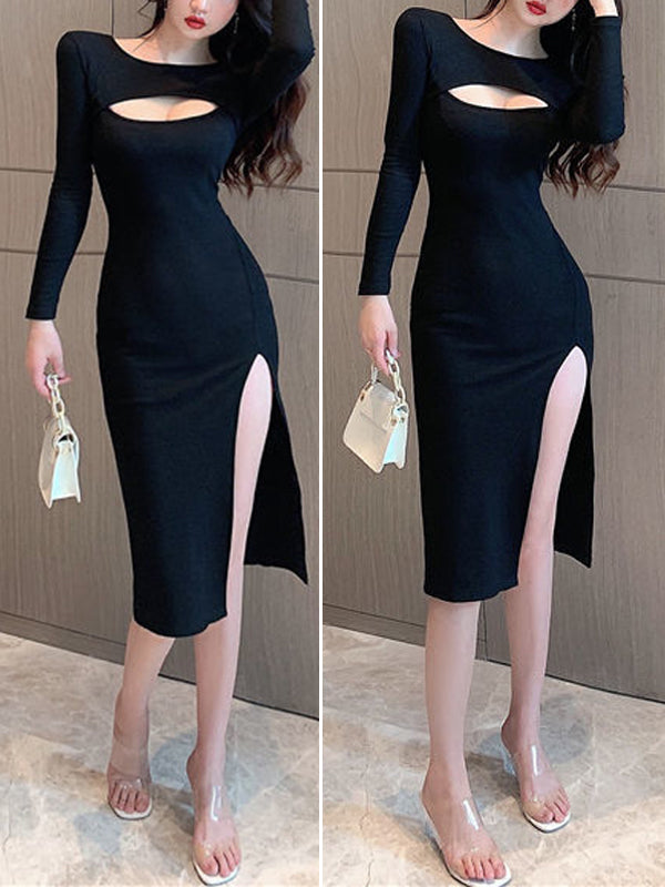 Hollow Out Front Long Sleeve Slit Dress