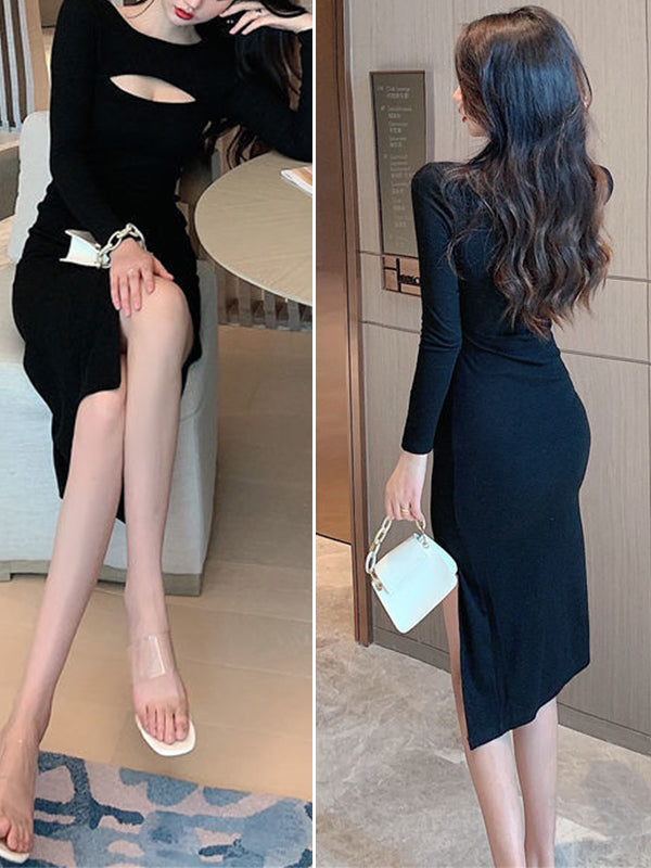 Hollow Out Front Long Sleeve Slit Dress