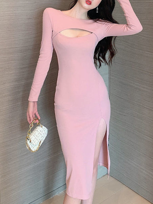 Hollow Out Front Long Sleeve Slit Dress