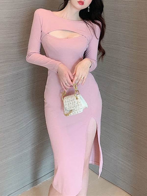 Hollow Out Front Long Sleeve Slit Dress