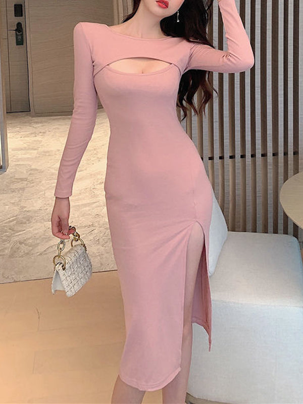 Hollow Out Front Long Sleeve Slit Dress