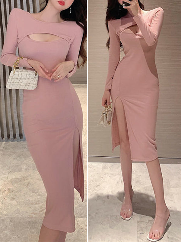 Hollow Out Front Long Sleeve Slit Dress