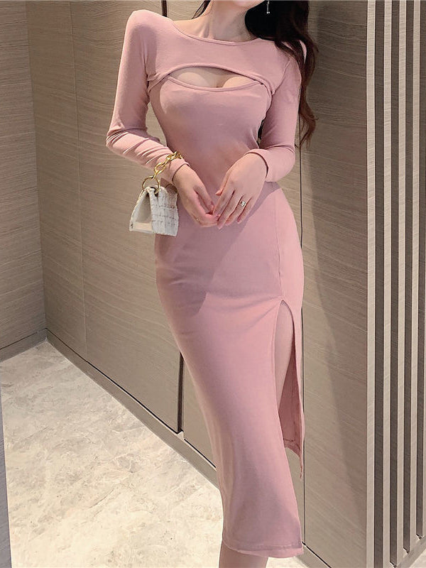 Hollow Out Front Long Sleeve Slit Dress