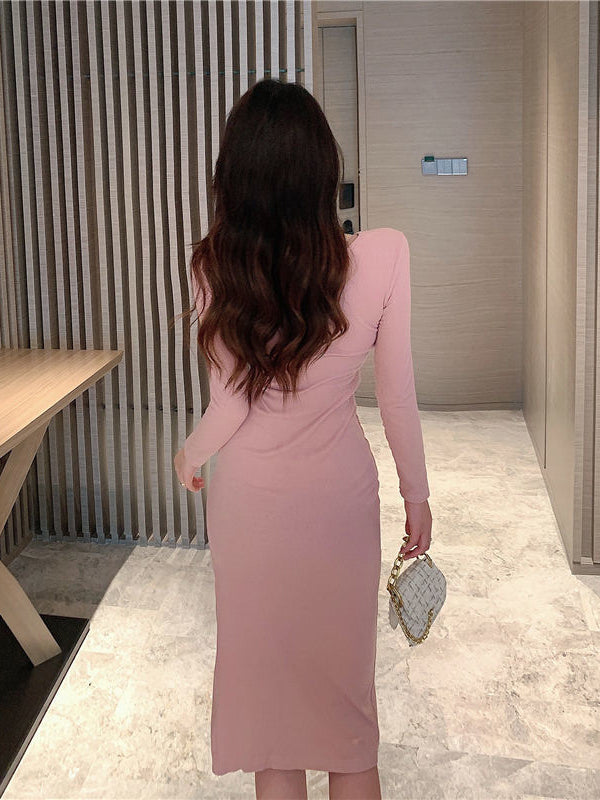 Hollow Out Front Long Sleeve Slit Dress