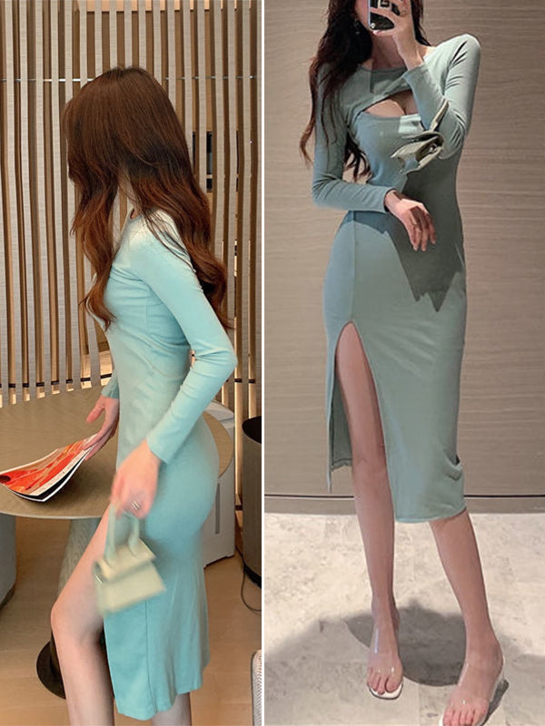 Hollow Out Front Long Sleeve Slit Dress