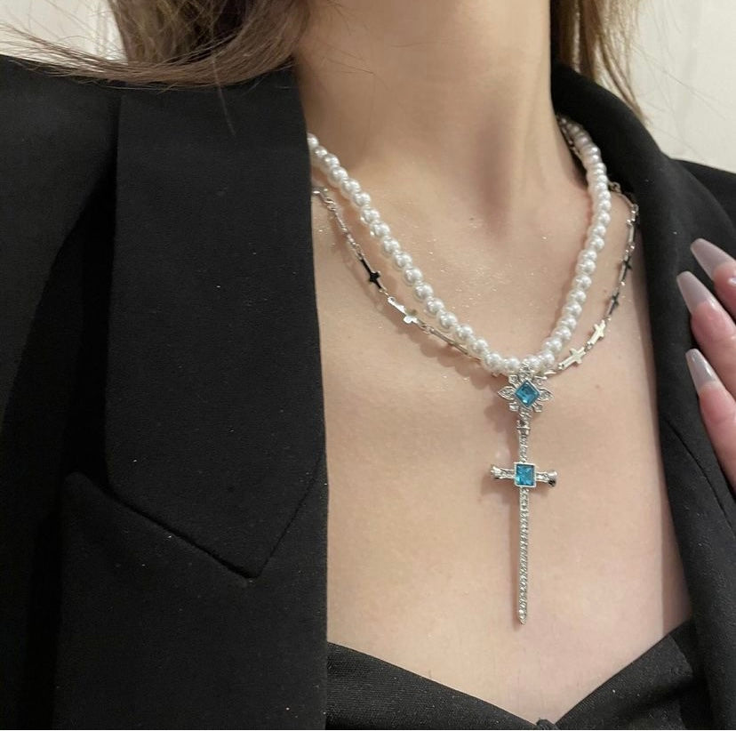 Cross Style Sapphire Pearl Necklace