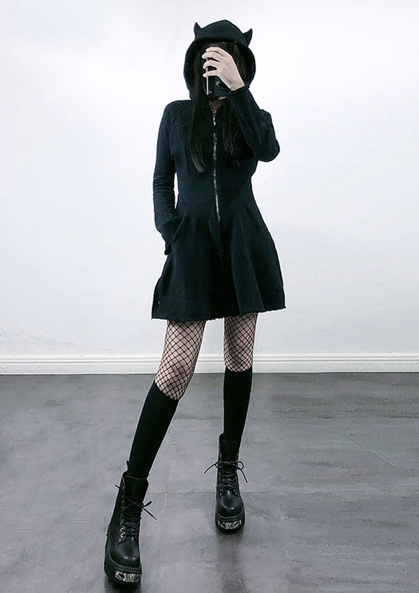 Devil Ears A-Line Zipper Hooded Black Dress