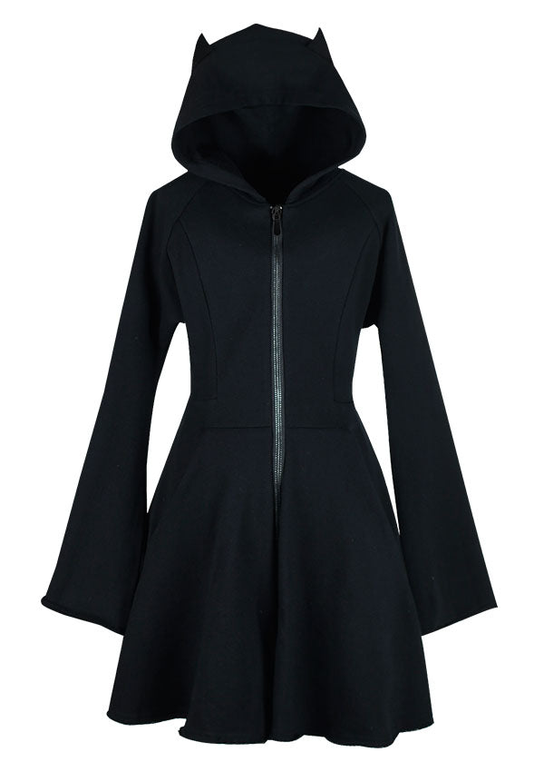 Devil Ears A-Line Zipper Hooded Black Dress