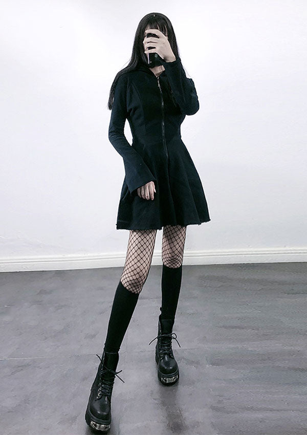 Devil Ears A-Line Zipper Hooded Black Dress