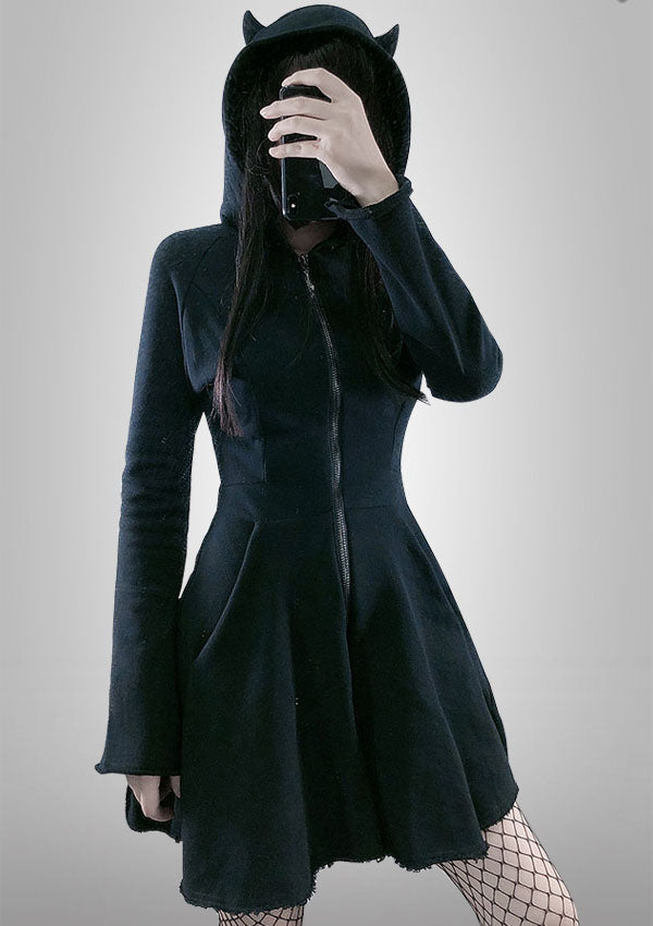 Devil Ears A-Line Zipper Hooded Black Dress