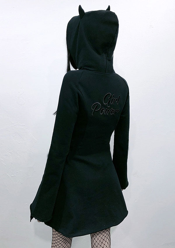 Devil Ears A-Line Zipper Hooded Black Dress