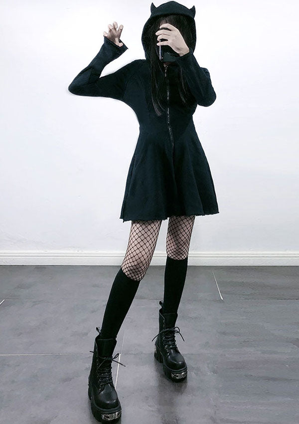 Devil Ears A-Line Zipper Hooded Black Dress