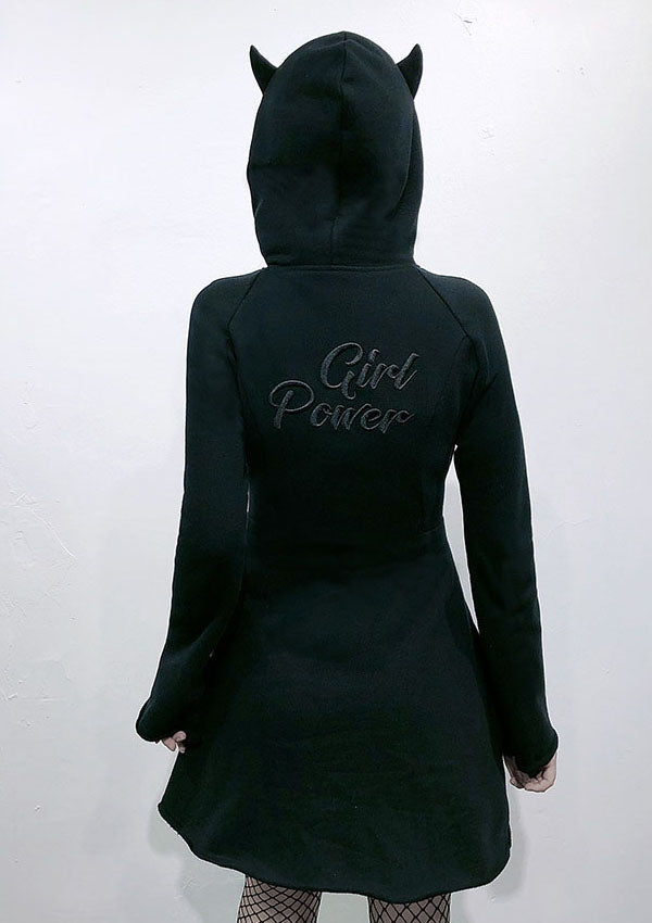 Devil Ears A-Line Zipper Hooded Black Dress