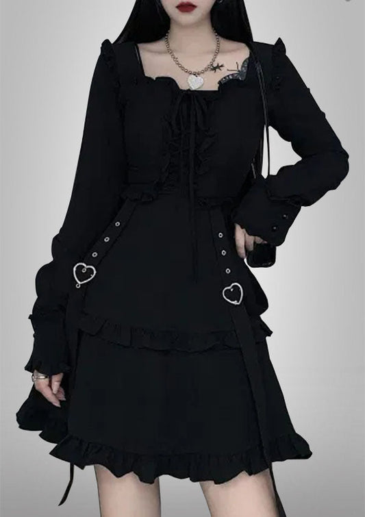 Vintage Dark Kawaii Ruffle Long Sleeve Dress