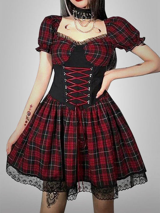 Lace Up Waist Red Plaid Lace Trim Dress