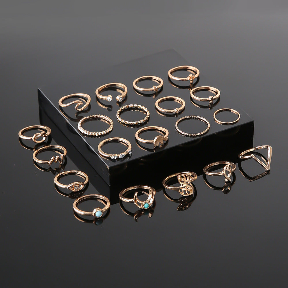 Bohemian V-Shaped Leaf Eye Geometric Circle Moon Ring 20 Piece Ring Set