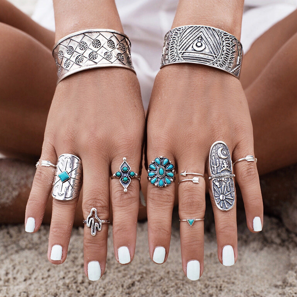 Cactus Turquoise Sunflower 9-Piece Alloy Set Ring