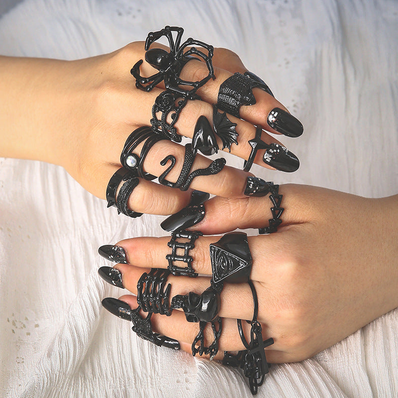 Ring Black Ring Set Adjustable Exaggerated Punk Serpentine Spider Bat Ring