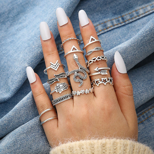 Ring Exaggerated Punk Snake Shaped Five Pointed Star Love Arrow 15 Piece Set