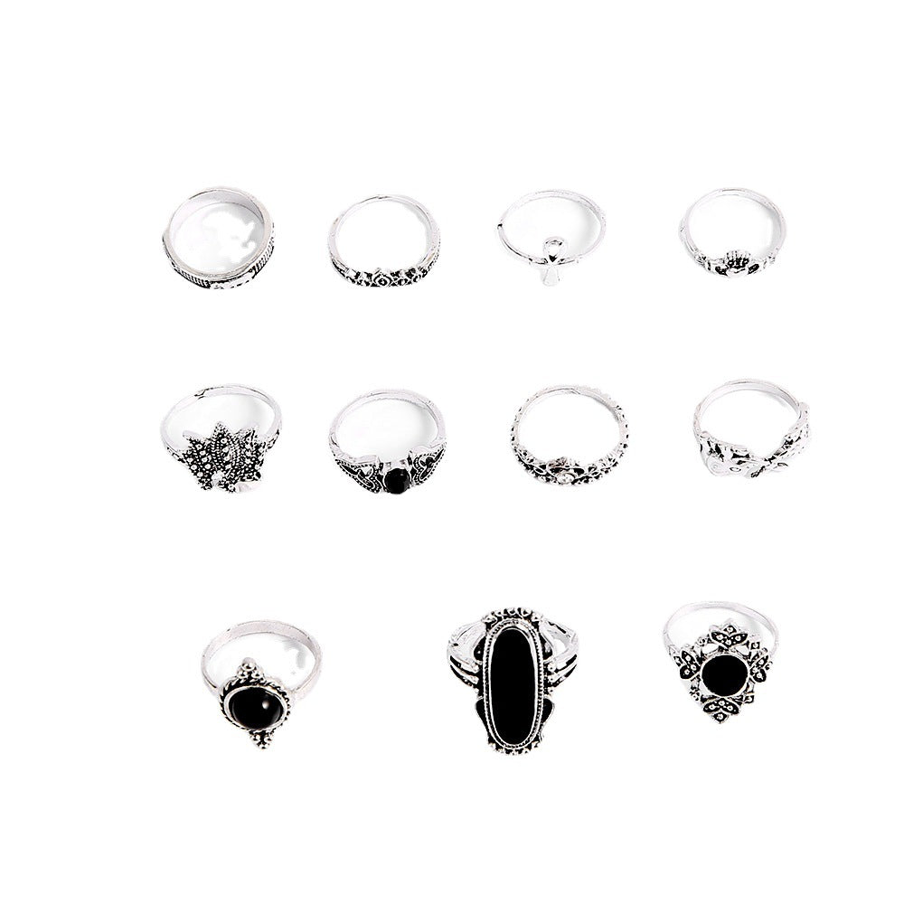 Black Gem Elephant Lotus Crown Cross 11 Piece Ring Set