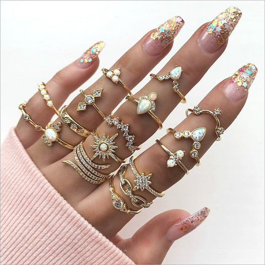 Bohemian Style Ring 17 Piece Set With Diamond Set Ring