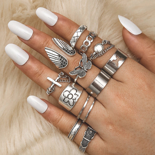 Butterfly Ring, Small Daisy Wing, Fried Dough Twist Opening Combination, 12 Piece Ring Set